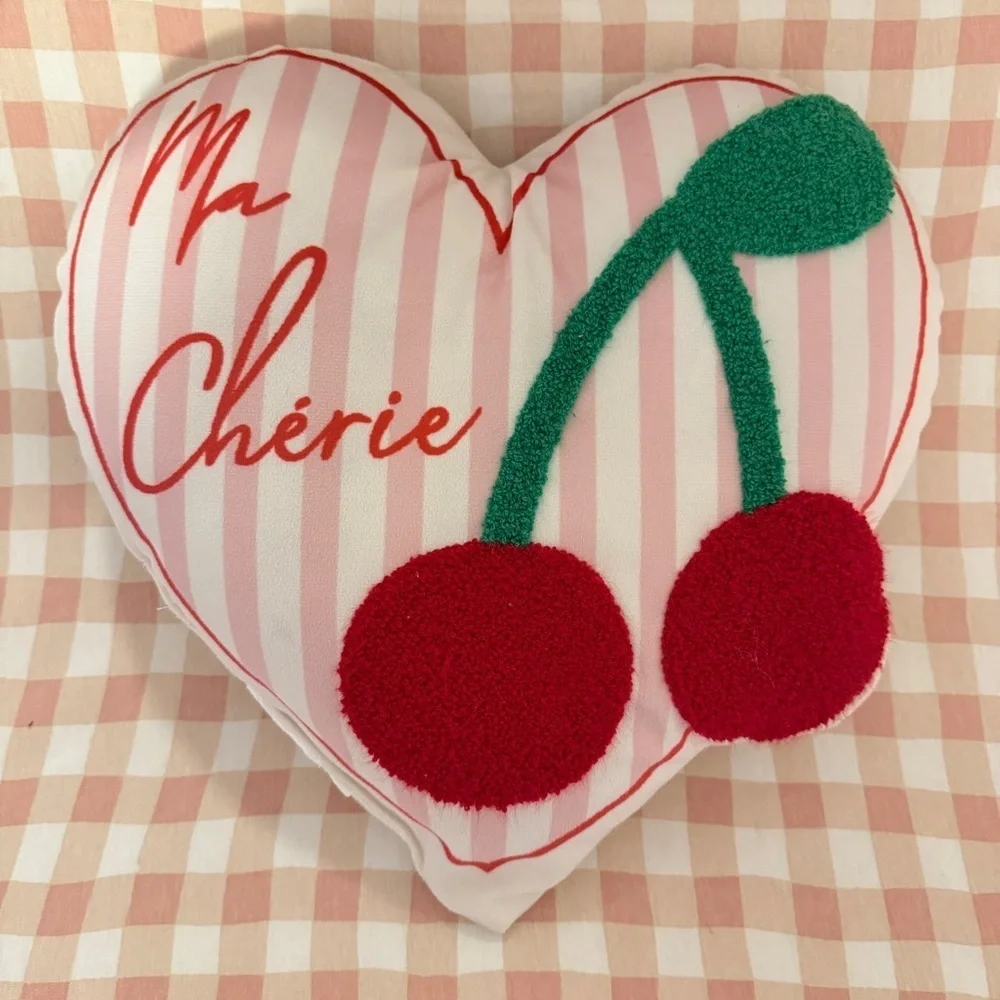 Ma Chérie Heart Shaped Pillow with Red Cherries